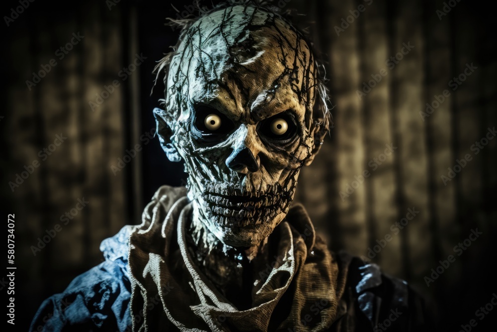 Horror zombie dummy as a Halloween decoration in darkness. Generative AI Horror zombie dummy as a Halloween decoration in darkness. Generative AI