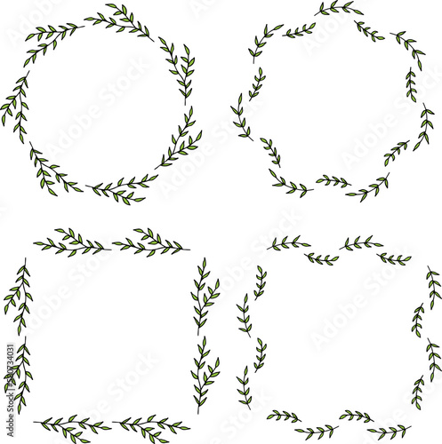Set of frames with simple green branches on white background. Vector image.