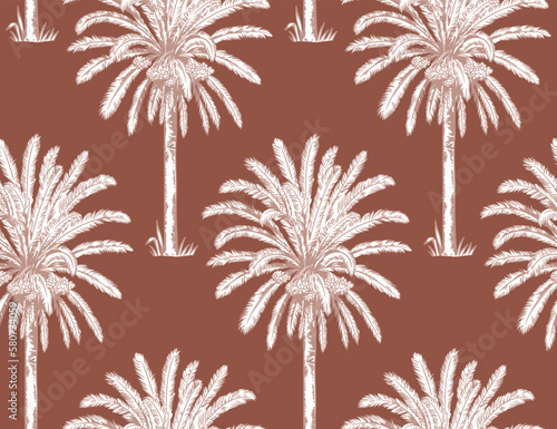 Vintage seamless pattern with tropical palms. Trees in linear style. Vector botanical illustration. Foliage design for wallpaper, textile and wrapping paper.