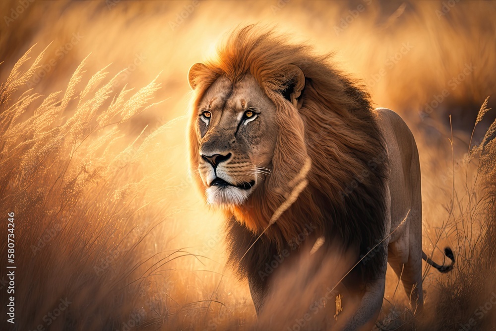 Etosha, Namibia, has a lion with a mane. A lion from Africa walks ...