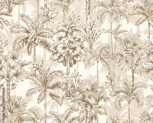 Vintage seamless pattern with tropical palms. Trees in linear style. Vector botanical illustration. Foliage design for wallpaper, textile and wrapping paper. © Anna Sm