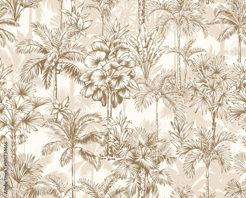 Vintage seamless pattern with tropical palms. Trees in linear style. Vector botanical illustration. Foliage design for wallpaper, textile and wrapping paper.