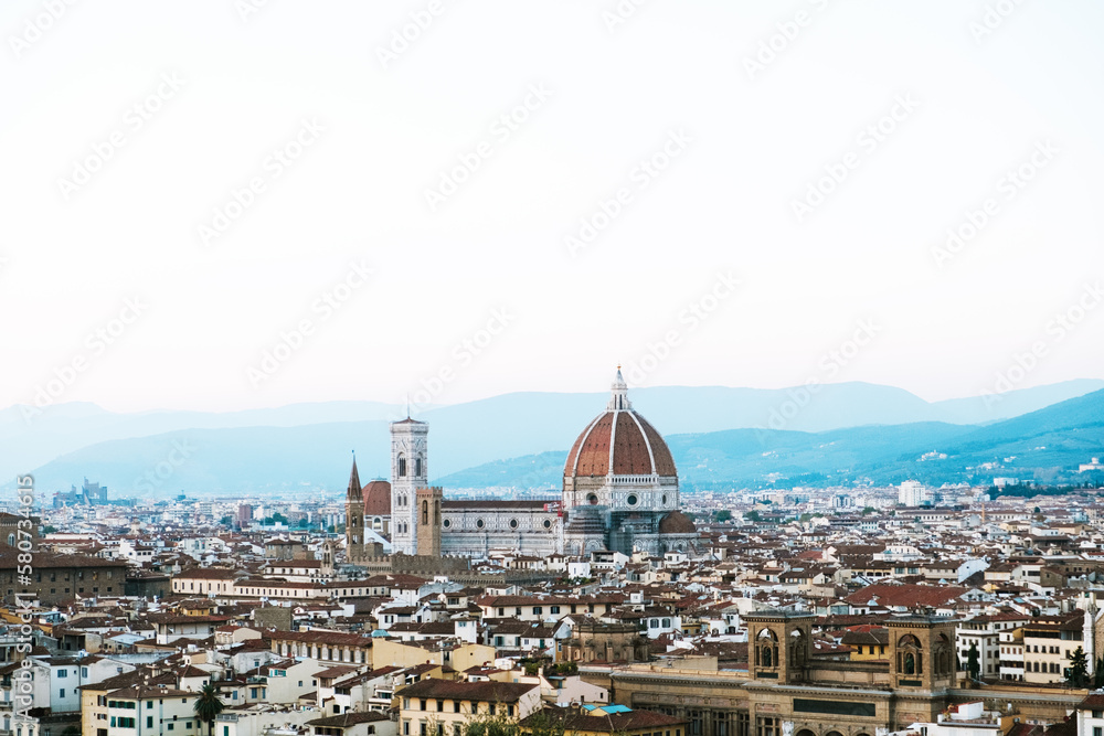 Fototapeta premium Panoramic view of Florence from Piazzale Michelangelo square. Italian travel destination and landmark, tourist attraction.
