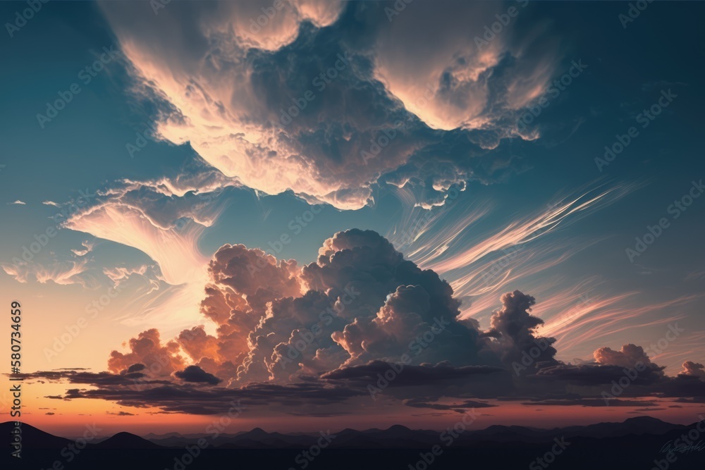 Scenery with clouds, sky and sun light, created using generative ai technology