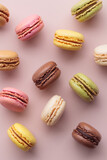 Macaroons on pink background, colorful french cookies pattern. Gift for 8 March, International Women's Day, Valentine Day