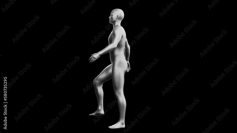 Beautiful young man posing, isolated on black background. 3d illustration (rendering). Silver mannequin, android