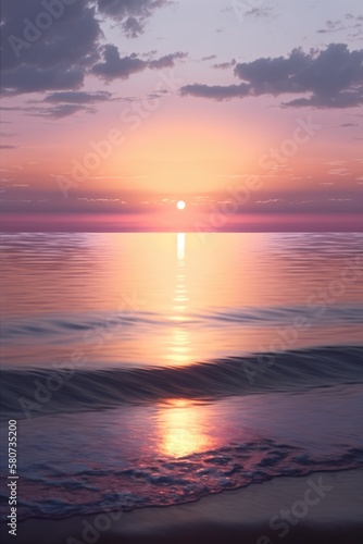 Scenic landscape with sun setting over ocean, created using generative ai technology © Future Vision
