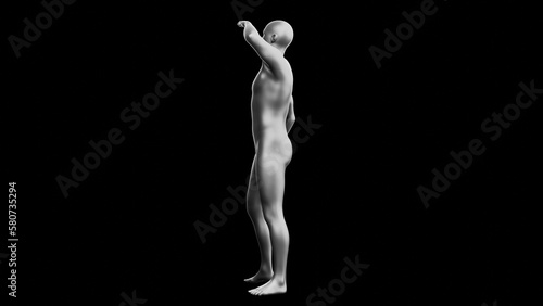 Beautiful young man posing, isolated on black background. 3d illustration (rendering). Silver mannequin, android