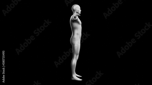 Beautiful young man posing, isolated on black background. 3d illustration (rendering). Silver mannequin, android