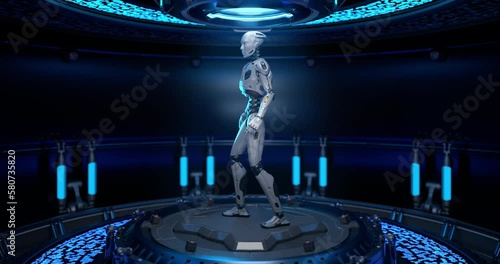 Robot in Sci-Fi interrior standing on a platform. 3D animation