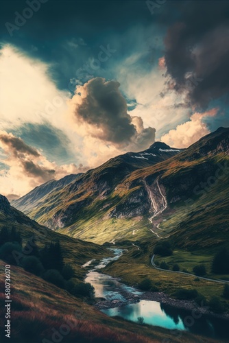 Scenic landscape with mountains and sky with clouds, created using generative ai technology