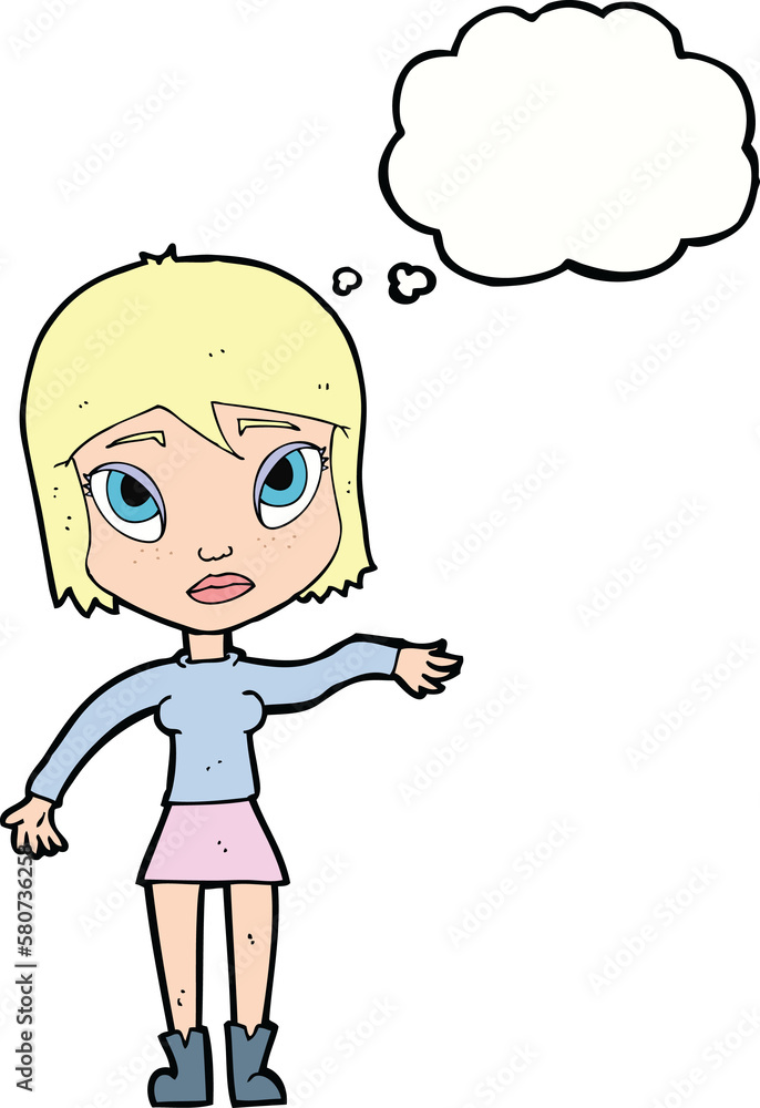 cartoon woman waving hand with thought bubble cartoon woman waving hand with thought bubble