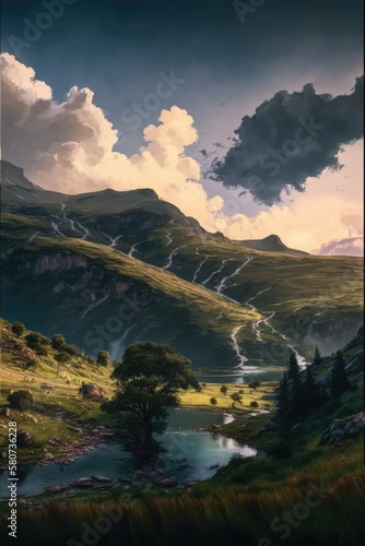 Scenic landscape with mountains, stream and sky with clouds, created using generative ai technology © Future Vision