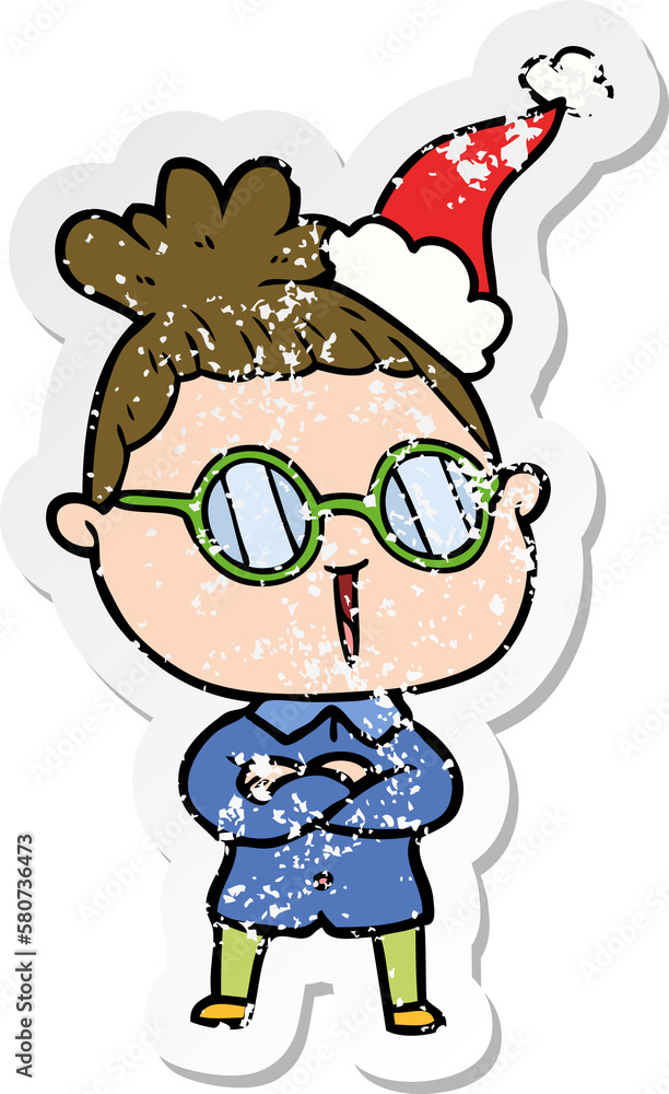 distressed sticker cartoon of a woman wearing spectacles wearing santa hat distressed sticker cartoon of a woman wearing spectacles wearing santa hat