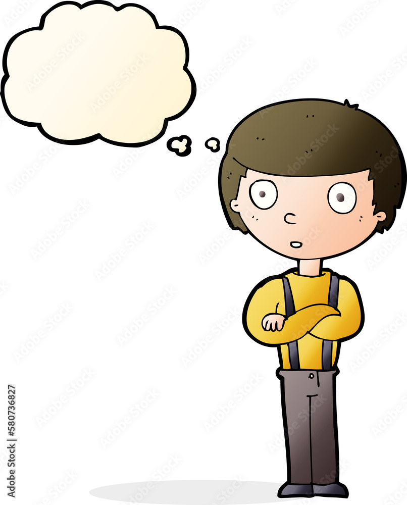 cartoon staring boy with folded arms with thought bubble