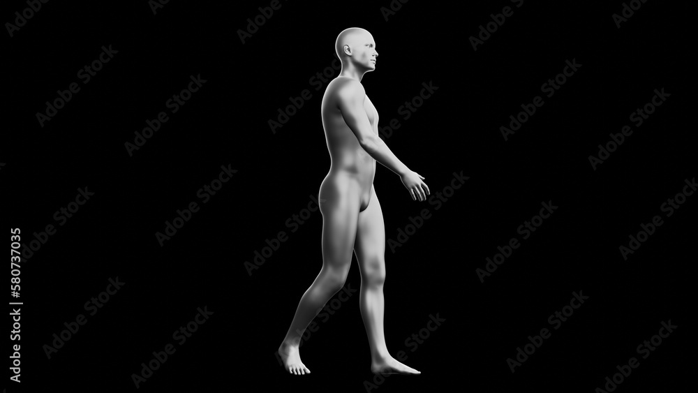 Beautiful young man posing, isolated on black background. 3d illustration (rendering). Silver mannequin, android