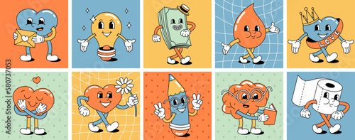 A set of funny happy cartoon characters in the style of the 70s, 60s. Hearts. Positive and good vibes