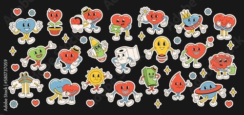 A set of stickers of funny happy cartoon characters. Heart and flowers. Positive and good vibes