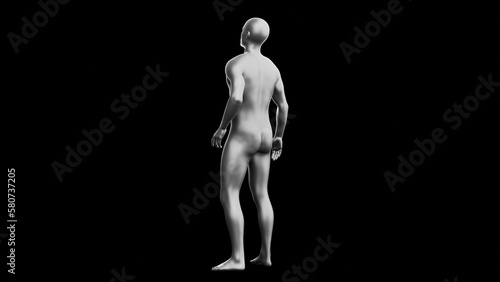 Beautiful young man posing  isolated on black background. 3d illustration  rendering . Silver mannequin  android