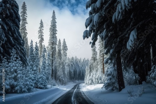 Scenic winter snow landscape with road in forest, created using generative ai technology
