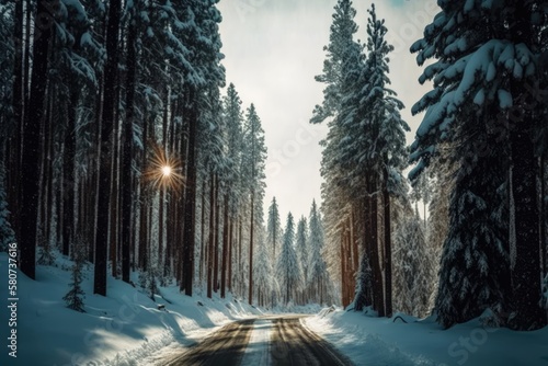 Scenic winter snow landscape with road in forest, created using generative ai technology