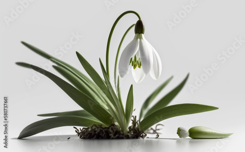 Single Snowdrop Flower or plant, isolated on white background. Signals the arrival of Spring and the end of winter. Green and white colors, full bloom. Shallow focus. Illustrative Generative AI.