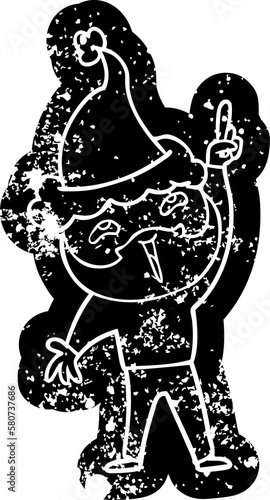 cartoon distressed icon of a happy bearded man wearing santa hat