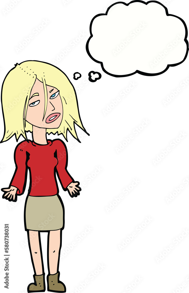 cartoon woman shrugging shoulders with thought bubble cartoon woman shrugging shoulders with thought bubble