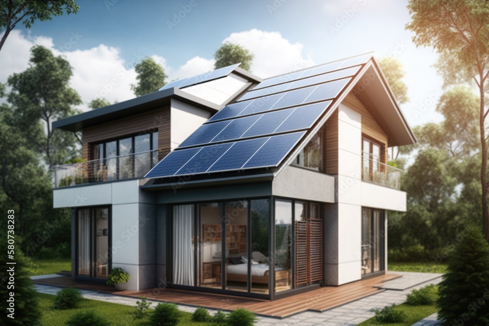 House with solar panels on roof, created using generative ai technology