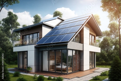 House with solar panels on roof, created using generative ai technology © Future Vision