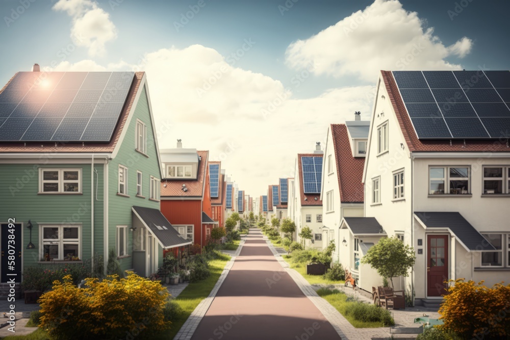Rows of houses with solar panels on roofs created using generative ai technology Rows of houses with solar panels on roofs created using generative ai technology