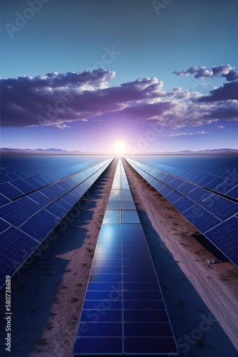 Solar panels with sun shining, created using generative ai technology