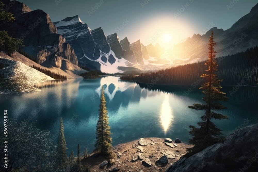 Scenic landscape with lake and mountains with sunshine, created using generative ai technology