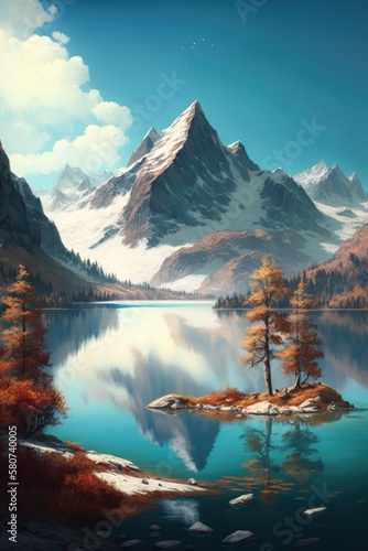 Scenic landscape with lake and mountains, created using generative ai technology