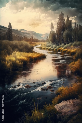Scenic landscape with river creek and mountains, created using generative ai technology