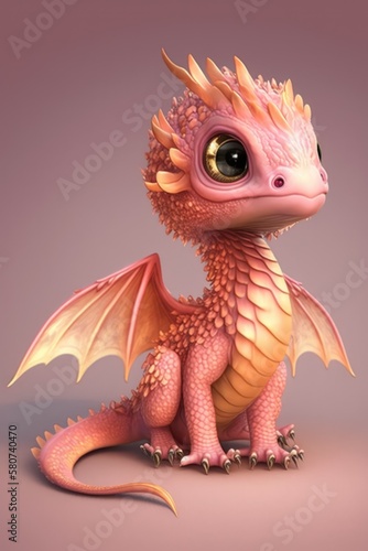 Image of cute pink dragon on purple background, created using generative ai technology © Future Vision