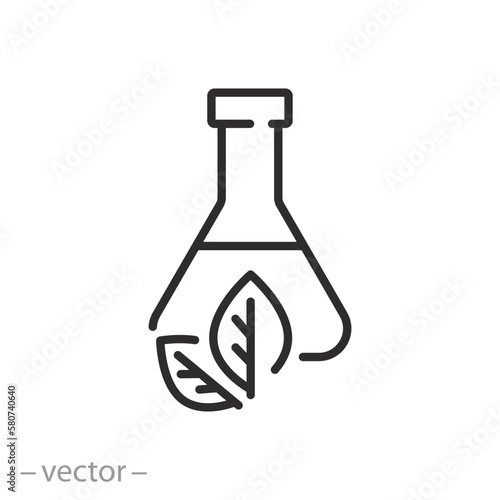 eco biotechnology icon, flask with plant, testing non toxic, development friendly lab, organic products, thin line symbol on white background - editable stroke vector illustration eps10