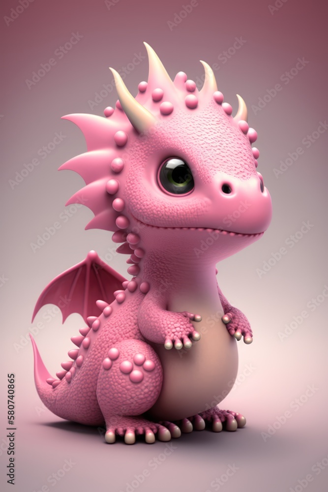 Image of cute pink dragon over gray background, created using generative ai technology Image of cute pink dragon over gray background, created using generative ai technology