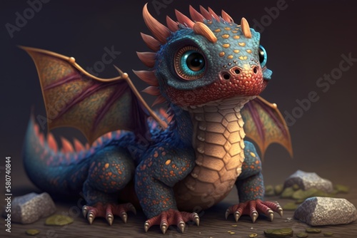 Image of cute purple dragon and rocks over gray background  created using generative ai technology