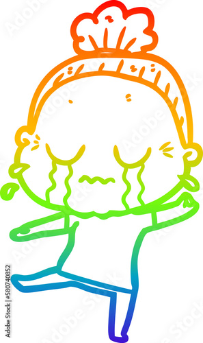 rainbow gradient line drawing cartoon crying old lady