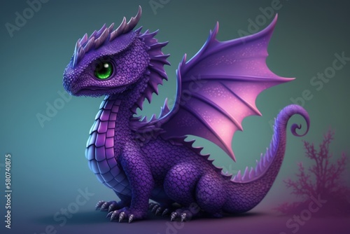 Image of cute blue dragon over purple background with plant  created using generative ai technology