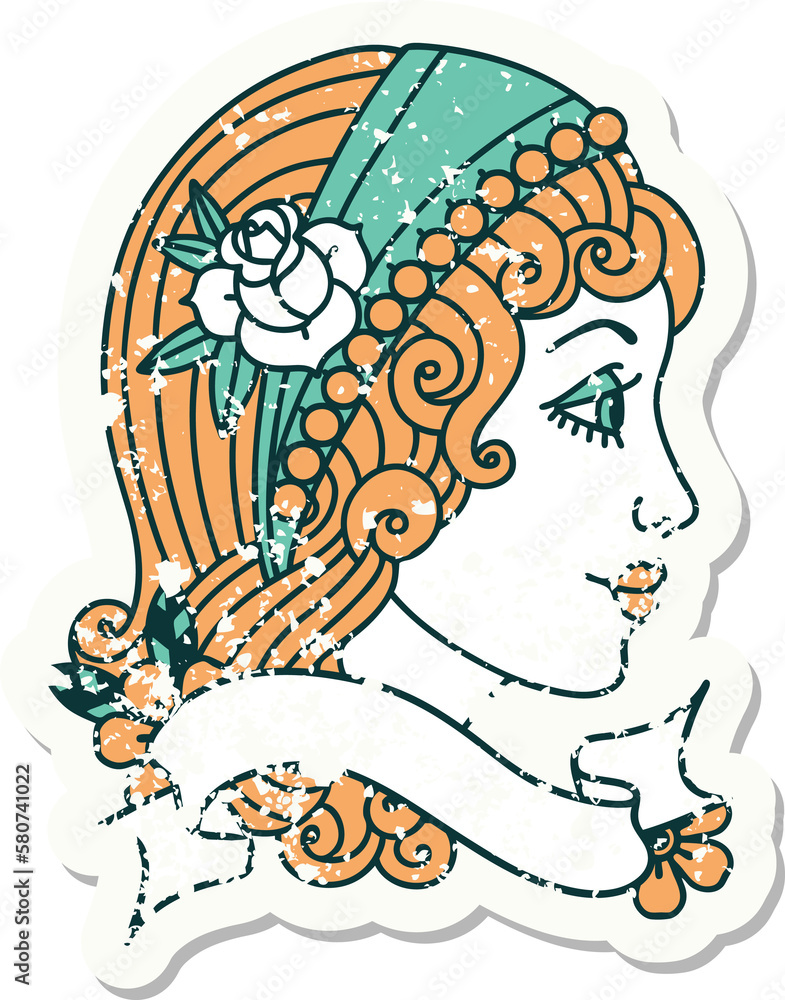 grunge sticker with banner of a gypsy head grunge sticker with banner of a gypsy head