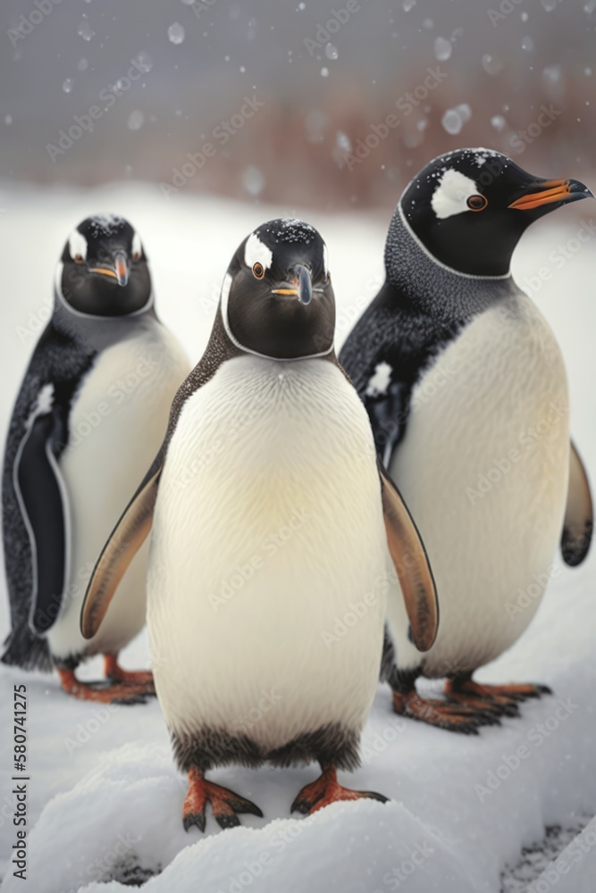 Fototapeta premium Three penguins looking at the camera with snow in the background, created using generative ai technology