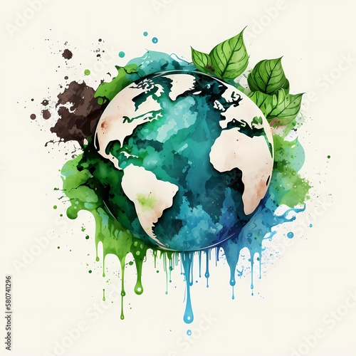 Worlde environment day. Earth globe with splashes in watercolor photo