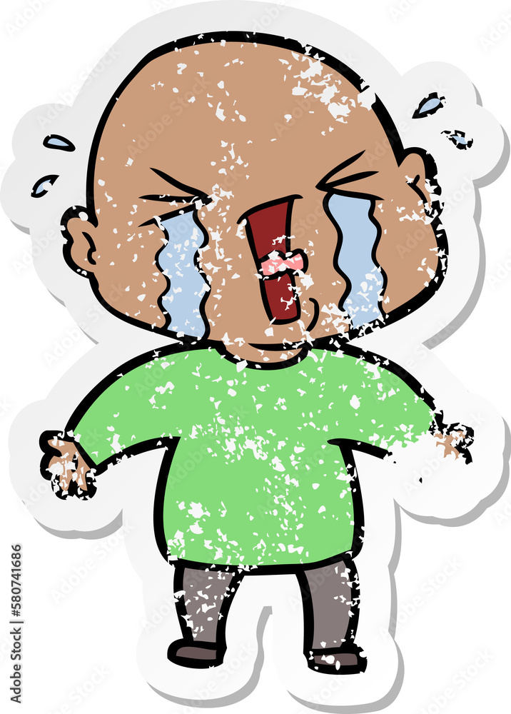 distressed sticker of a cartoon crying bald man