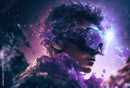 Portrait of a young man with VR glasses immersed in virtual reality. Abstract neon light, surreal background. Creative art and technology of the meta-universe. 3D rendering. AI generated
