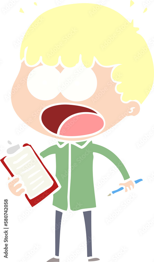 flat color style cartoon shocked man with clipboard and pen flat color style cartoon shocked man with clipboard and pen