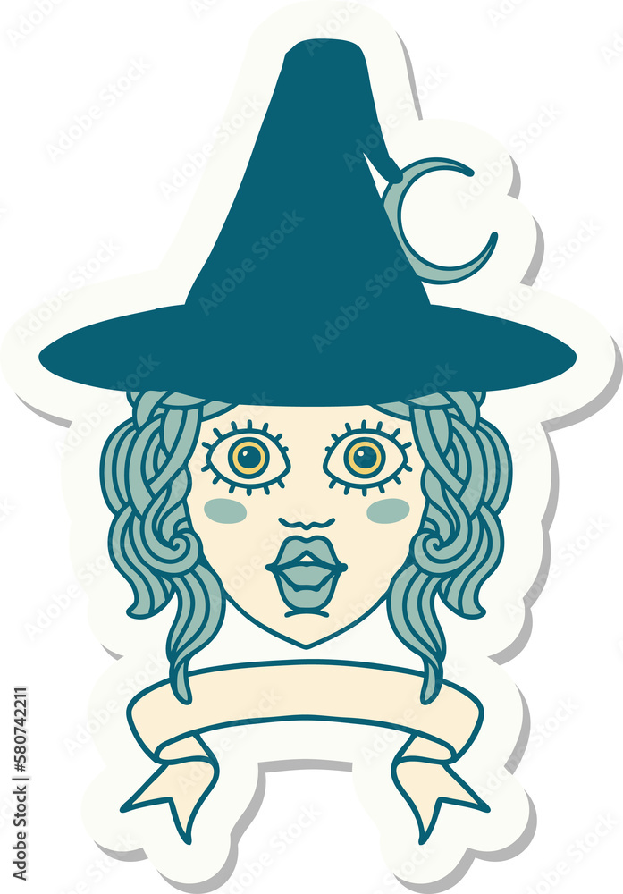 human witch character with banner sticker