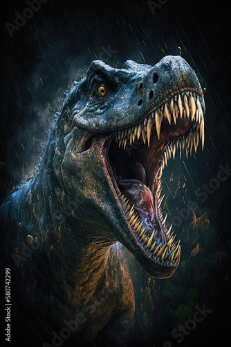 Tyrannosaurus rex roaring over leaves and rain  created using generative ai technology