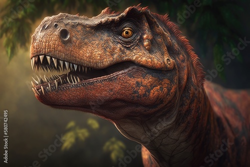 Tyrannosaurus rex roaring over forest and mist, created using generative ai technology